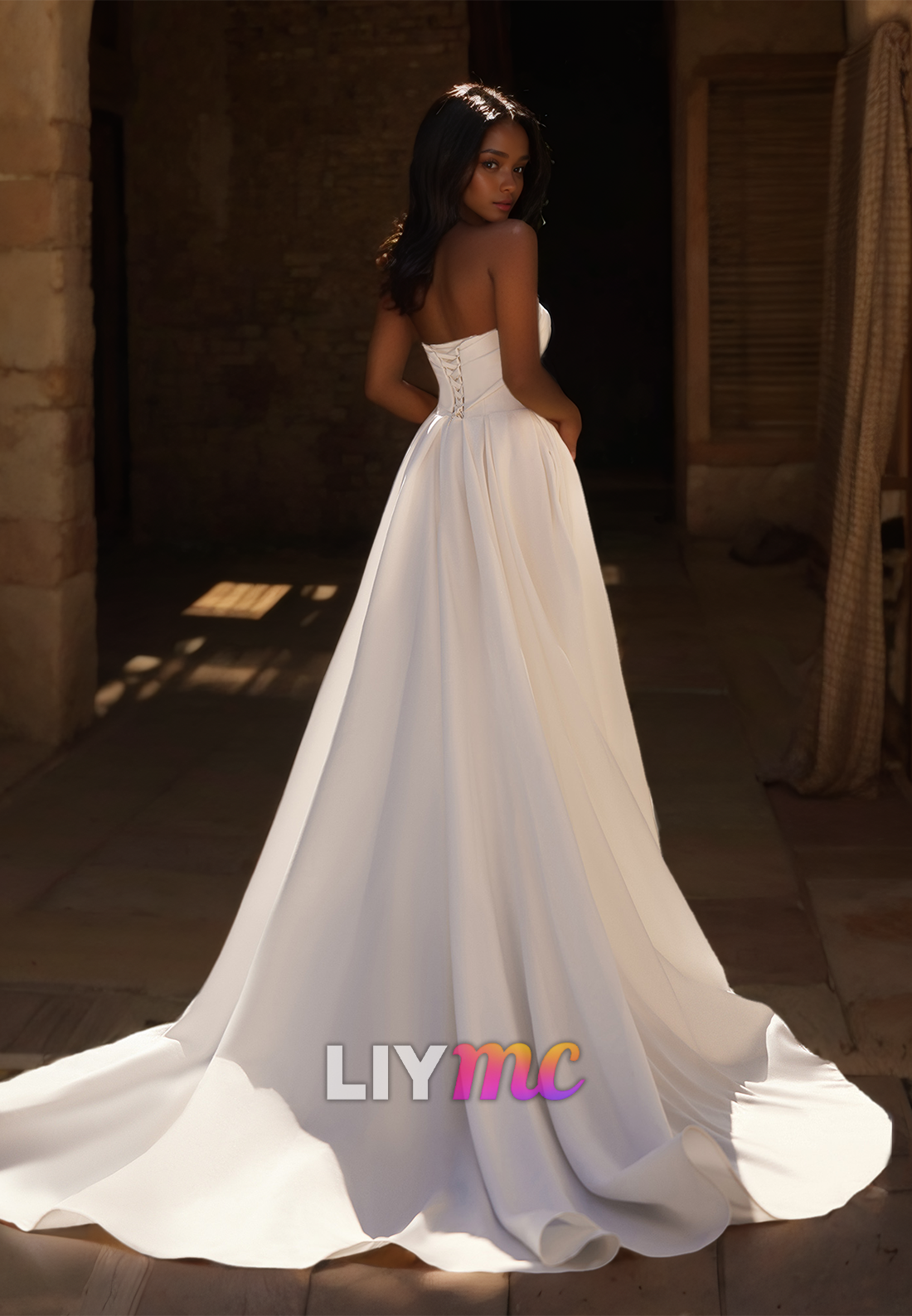 Straight Across Sleeveless Pleated Sleek Satin A-Line Wedding Dress