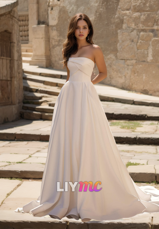 Straight Across Sleeveless Pleated Sleek Satin A-Line Wedding Dress