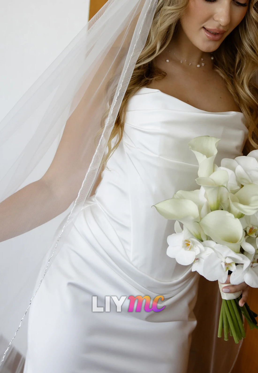 Straight Across Sleeveless Pleated Sleek Satin Mermaid Wedding Dress