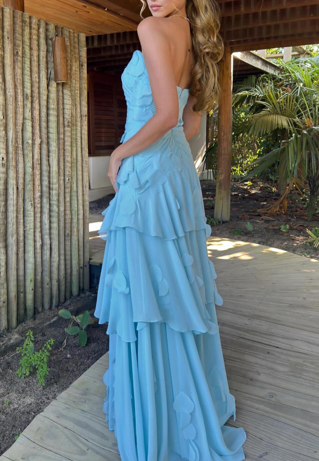 Straight Across Sleeveless Pleated Tiered A-Line Wedding Guest Dress