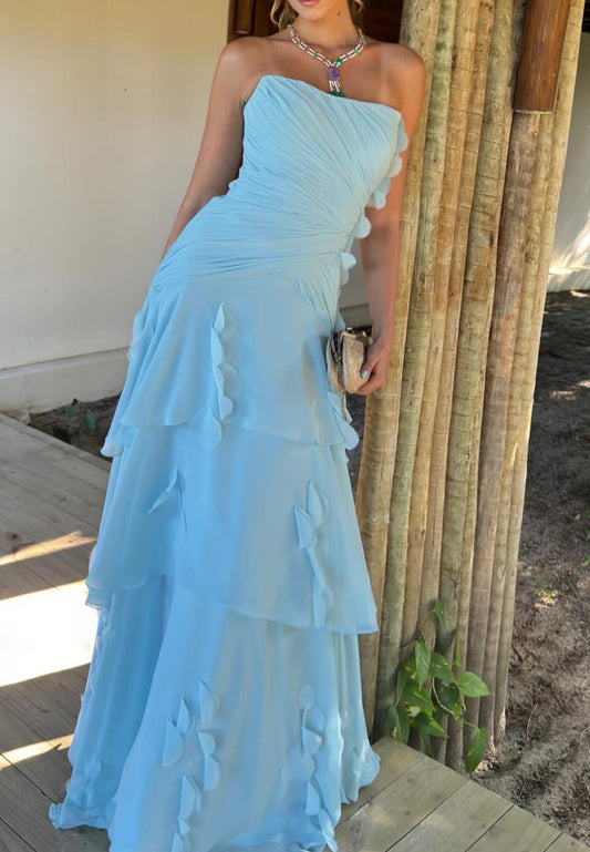 Straight Across Sleeveless Pleated Tiered A-Line Wedding Guest Dress