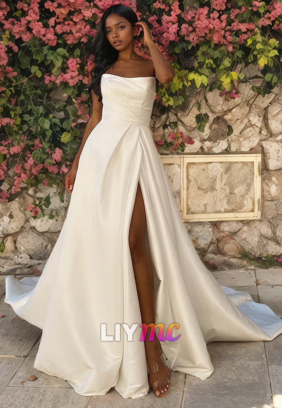 Straight Across Sleeveless Ruched High Slit Beach Wedding Dress