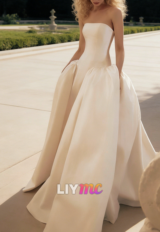 Straight Across Sleeveless Mikado Satin A-Line Wedding Dress