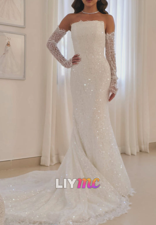 Straight Across Sleeveless Sequins Appliques Mermaid Wedding Dress