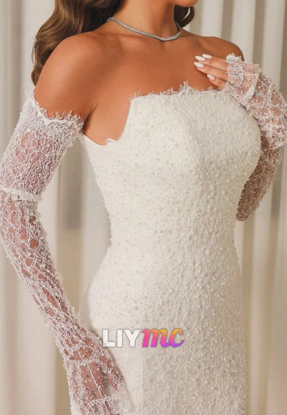 Straight Across Sleeveless Sequins Appliques Mermaid Wedding Dress