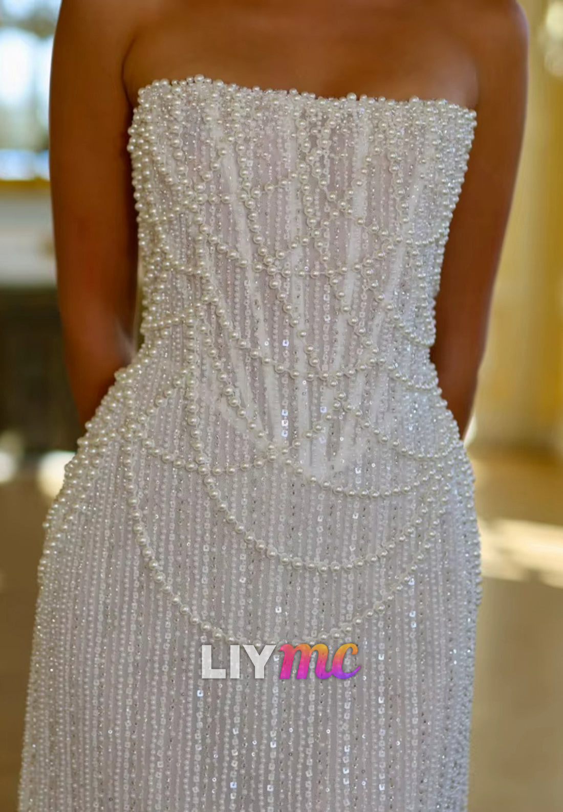 Straight Across Sleeveless Sequins Pearl Short Sheath Wedding Dress