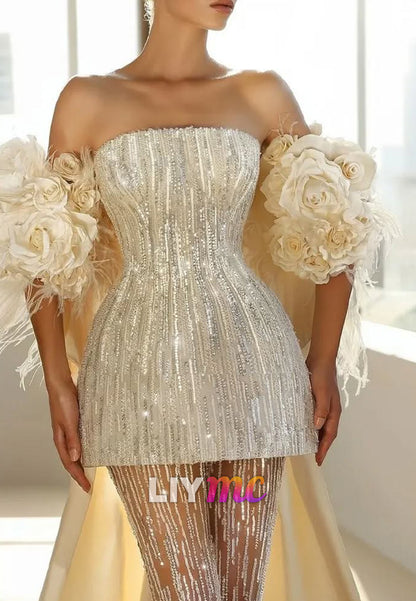 Straight Across Sleeveless Sequins Sparkly Short A-Line Wedding Dress
