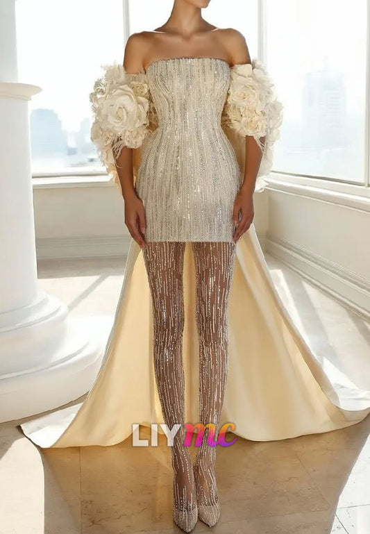 Straight Across Sleeveless Sequins Sparkly Short A-Line Wedding Dress