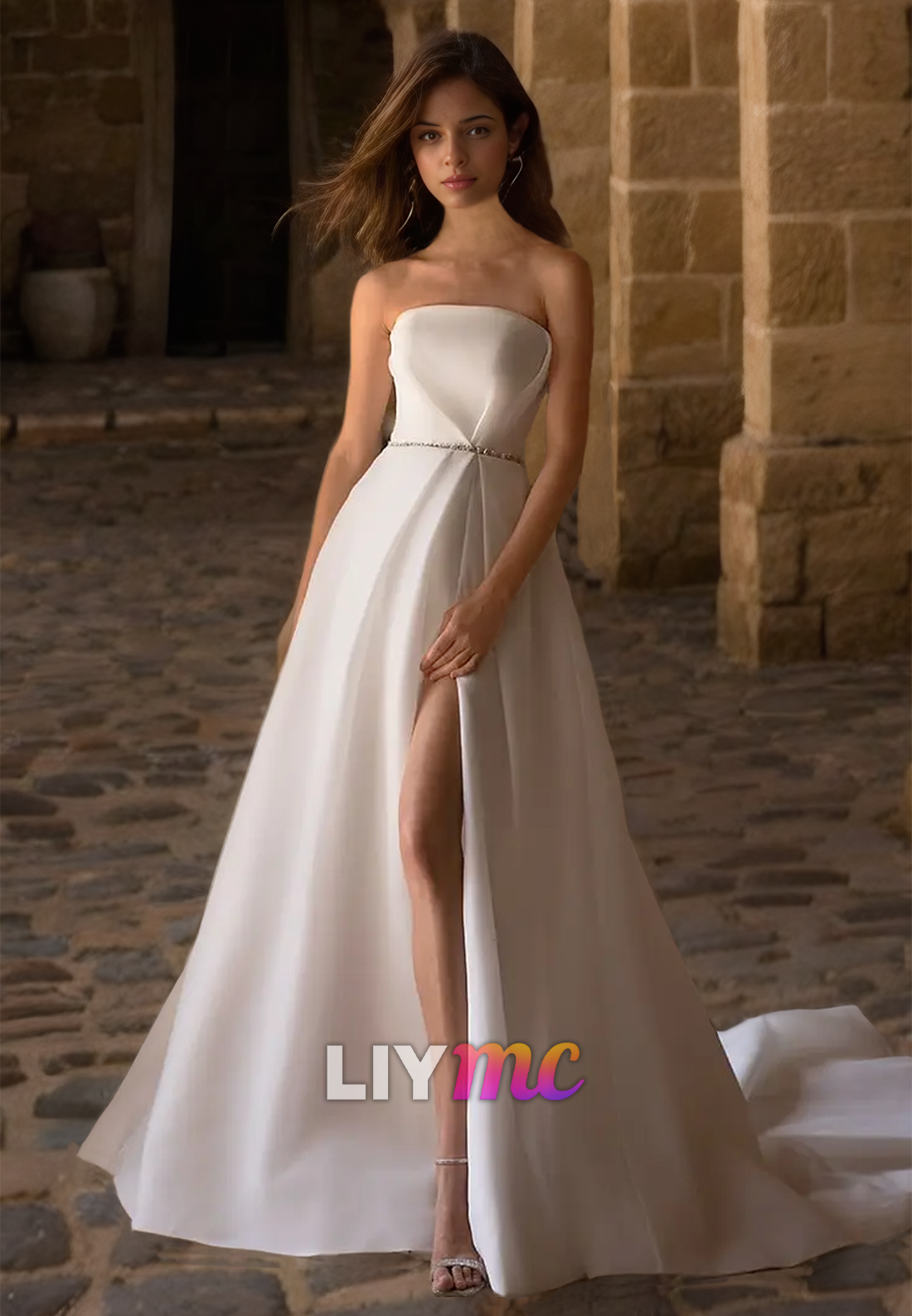 Straight Across Sleeveless Side Slit Sleek Satin A-Line Wedding Dress