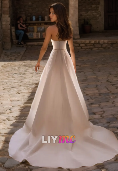 Straight Across Sleeveless Side Slit Sleek Satin A-Line Wedding Dress