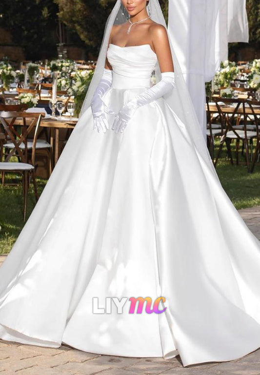 Straight Across Sleeveless Simple Satin A-Line Wedding Dress