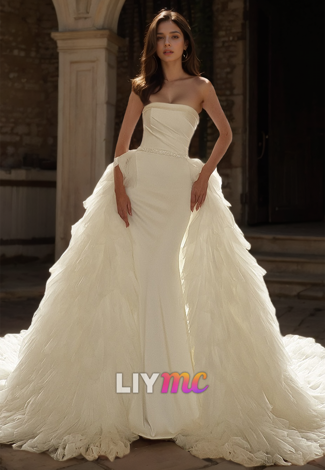 Straight Across Sleeveless Sleek Removable Train Mermaid Wedding Dress