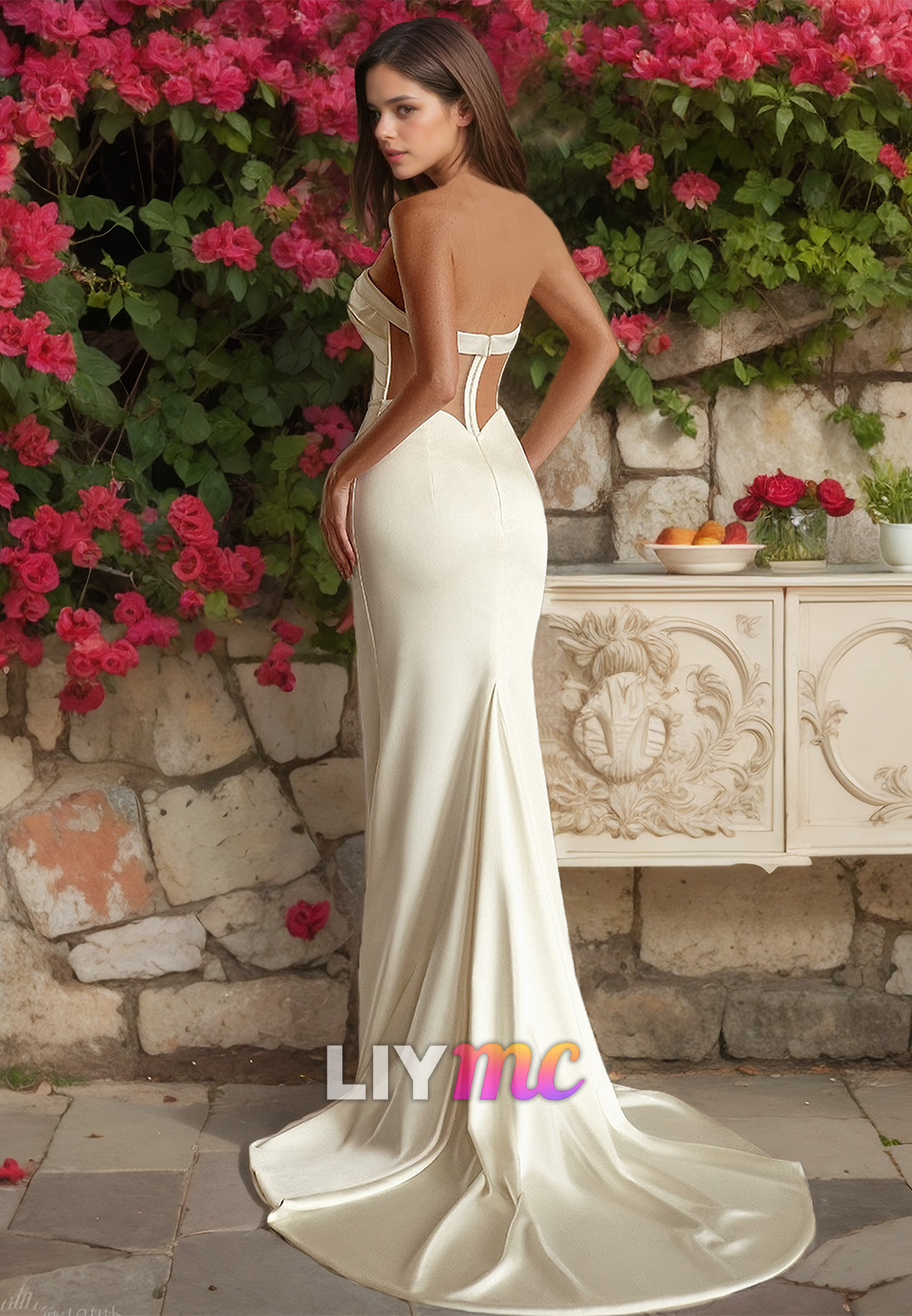 Straight Across Sleeveless Sleek Removable Train Mermaid Wedding Dress