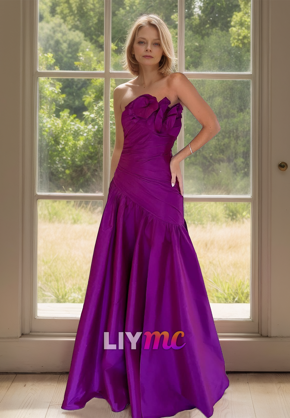 Straight Across Sleeveless Sleek Satin Pleated A-Line Mother of Bride Dress