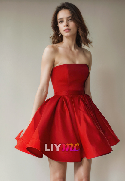 Straight Across Sleeveless Sleek Satin Pleated A-Line Short Homecoming Dress