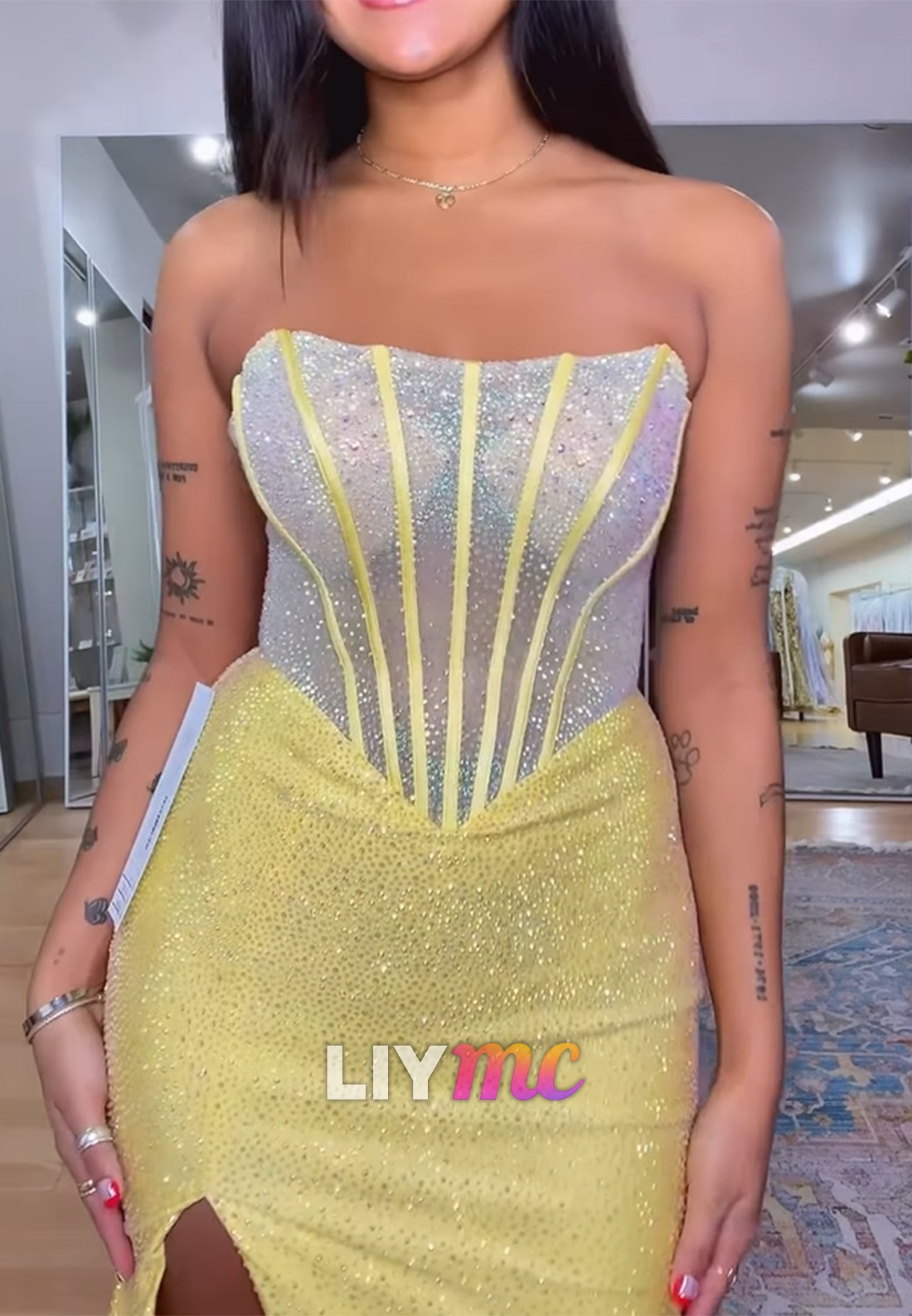 Straight Across Sleeveless Sparkly Side Slit Mermaid Prom Dress