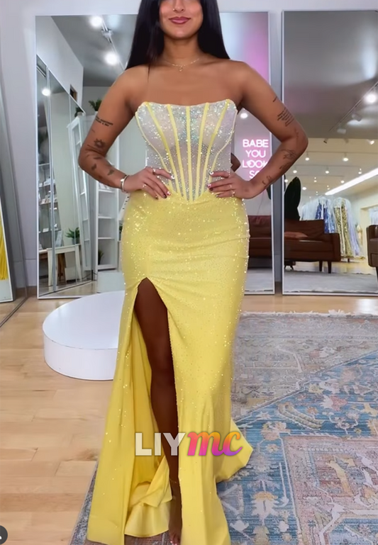 Straight Across Sleeveless Sparkly Side Slit Mermaid Prom Dress