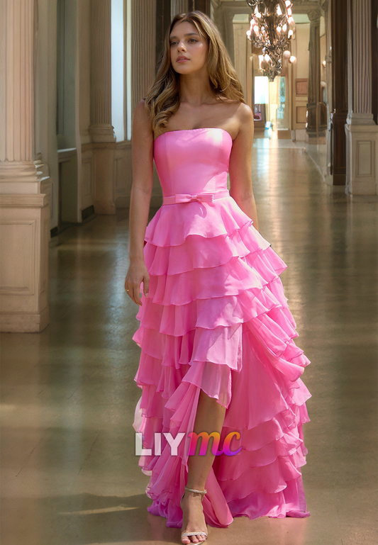 Straight Across Sleeveless Tiered A-Lien Prom Dress