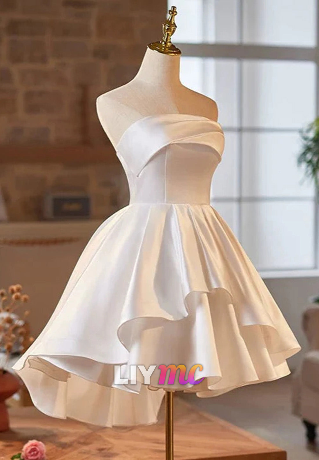 Straight Across Sleeveless Tiered A-Line Short Wedding Dress