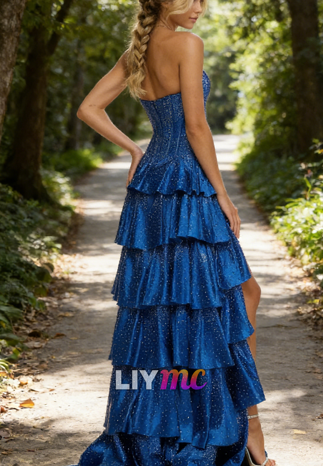 Straight Across Sleeveless Tiered Sparkly A-Line Prom Dress