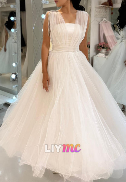 Straight Across Sleeveless Tulle Ball Gown Midi Wedding Dress