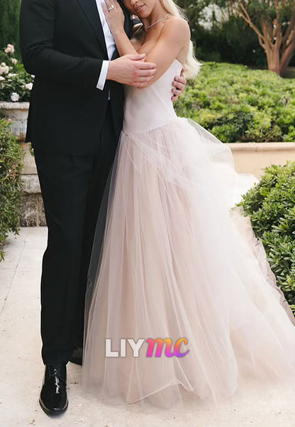 Straight Across Sleeveless Tulle Ball Gown Wedding Dress