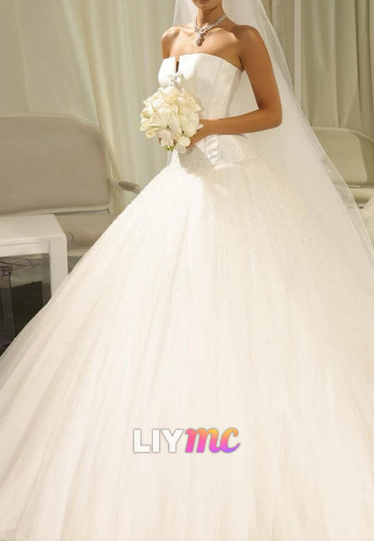 Straight Across Sleeveless Tulle Ball Gown Wedding Dress