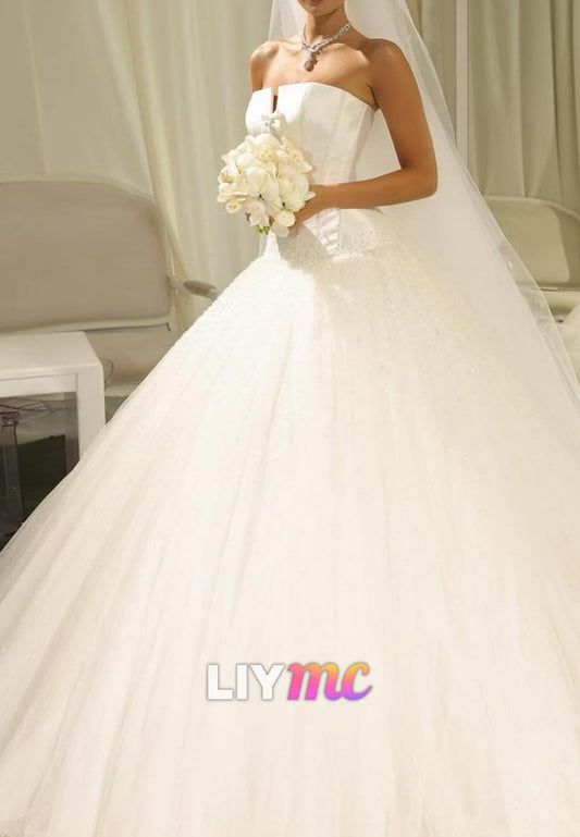 Straight Across Sleeveless Tulle Ball Gown Wedding Dress