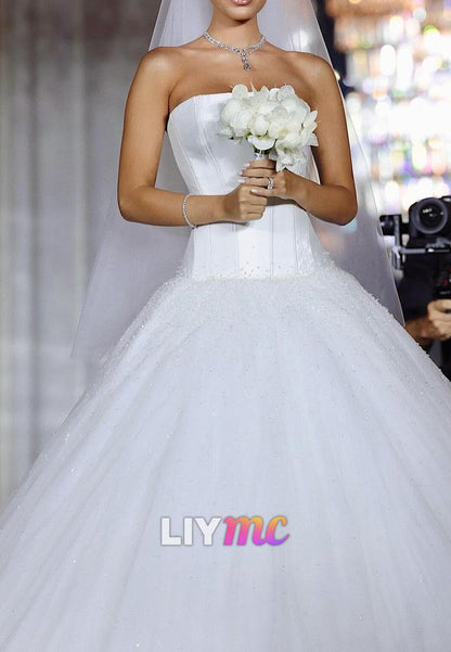 Straight Across Sleeveless Tulle Ball Gown Wedding Dress