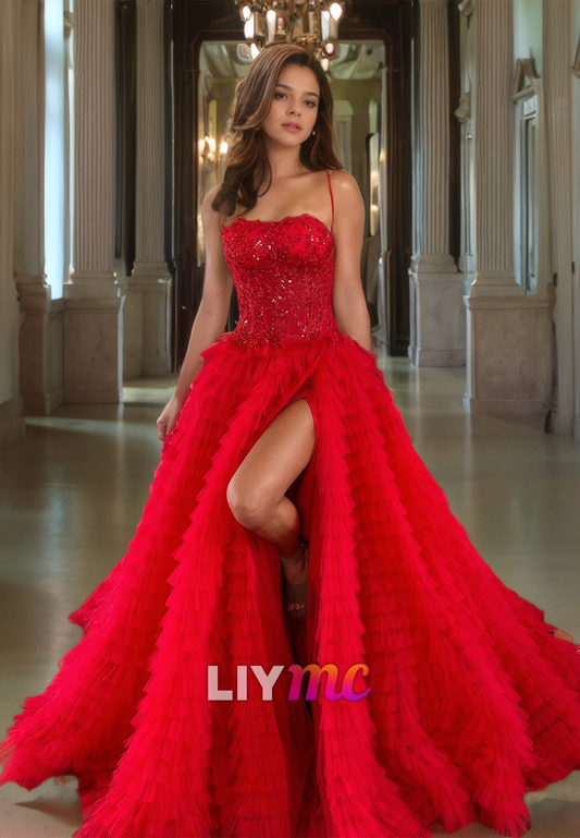 Straight Across Spaghetti Straps AppliquesTiered A-Line Red Prom Dress