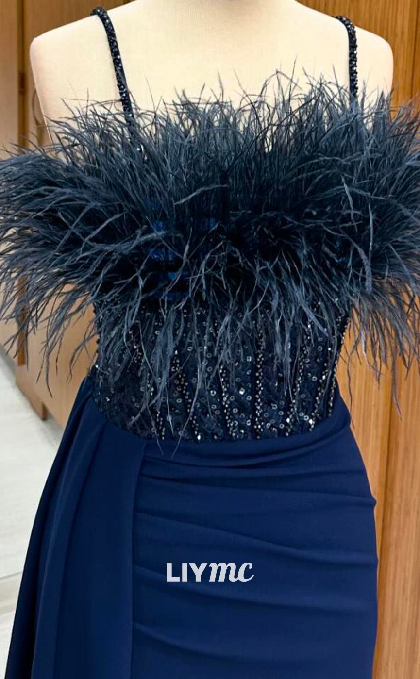 LP2245 - Straight Across Spaghetti Straps Feathered Beaded Pleated Sheath Prom Dress Cocktail Dress