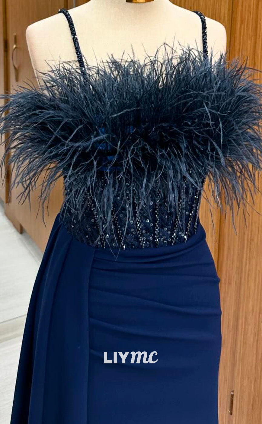 LP2245 - Straight Across Spaghetti Straps Feathered Beaded Pleated Sheath Prom Dress Cocktail Dress