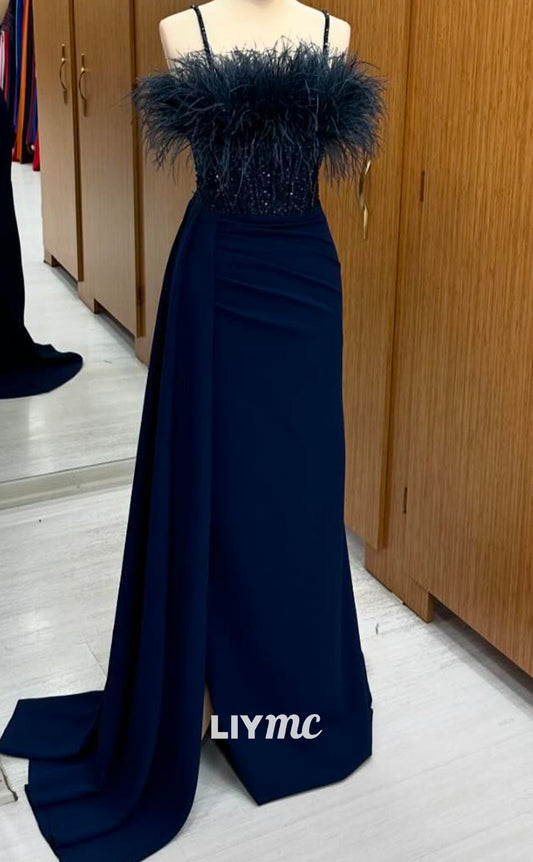 LP2245 - Straight Across Spaghetti Straps Feathered Beaded Pleated Sheath Prom Dress Cocktail Dress