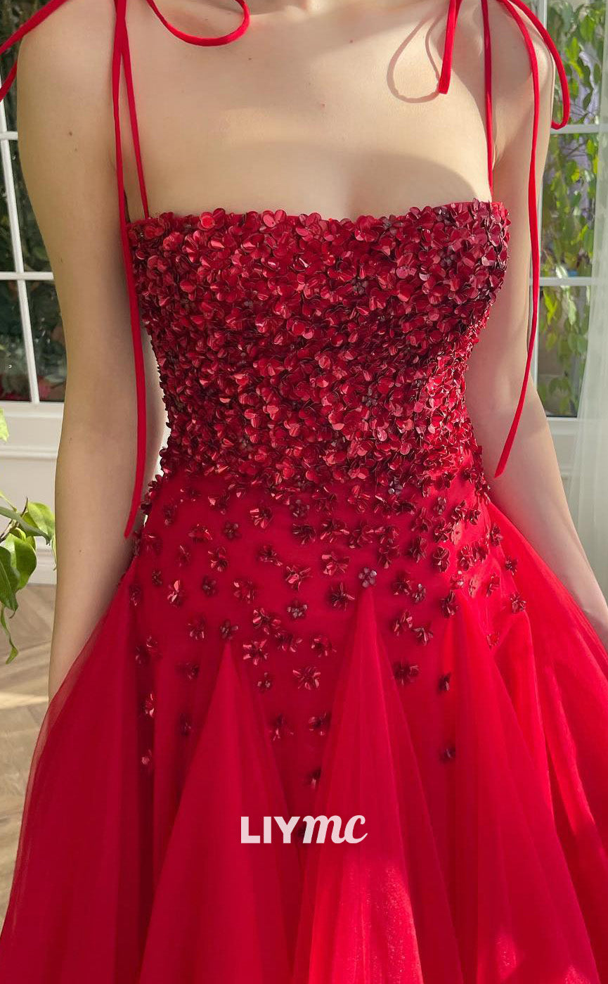 LP2103 - Straight Across Spaghetti Straps Floral Tiered Tulle A-Line Prom Dress