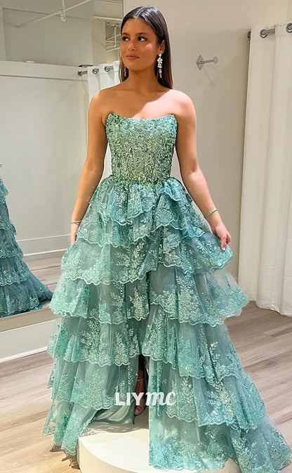 LP1827 - Straight Across Strapless Appliques Sequins Tiered A-Line Sparkly Prom Dress