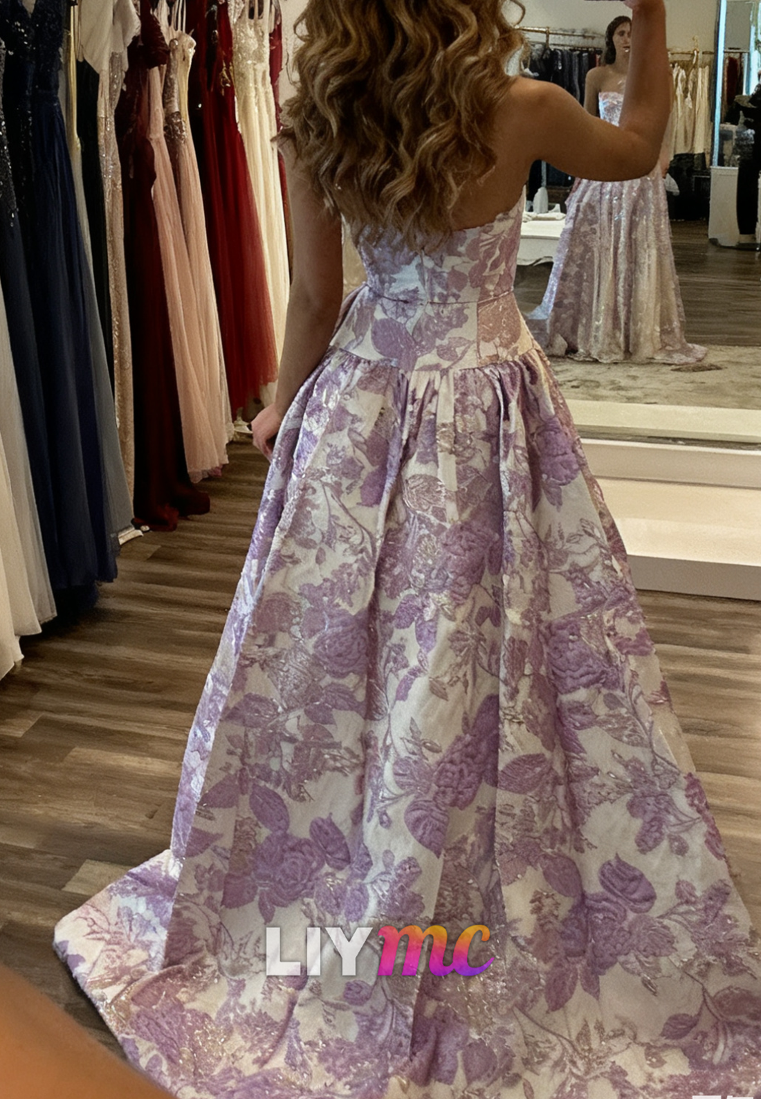 Straight Across Floral Printed Satin Prom Dress