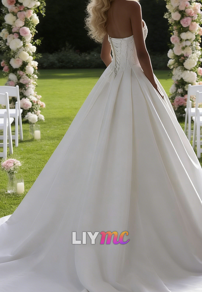 Strapless Appliques Sleeveless Mikado Satin Wedding Dress