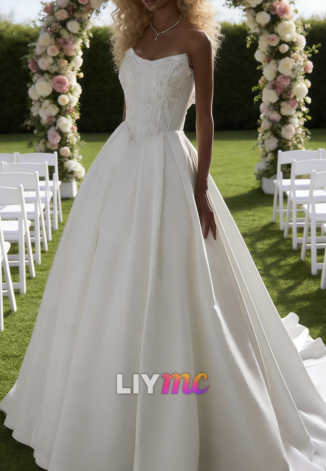 Strapless Appliques Sleeveless Mikado Satin Wedding Dress