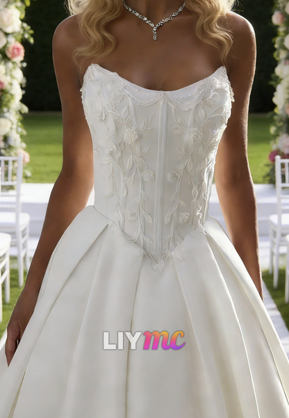 Strapless Appliques Sleeveless Mikado Satin Wedding Dress