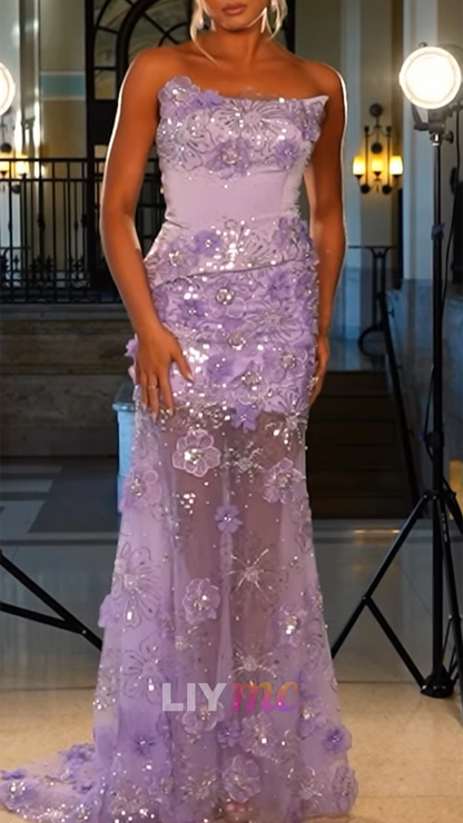 Strapless Appliques Sleeveless Sheath Prom Dress