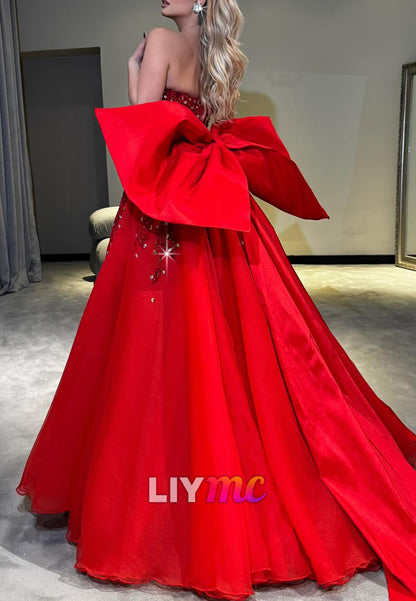 Strapless Beaded Bow Side Slit Mermaid Prom Dress