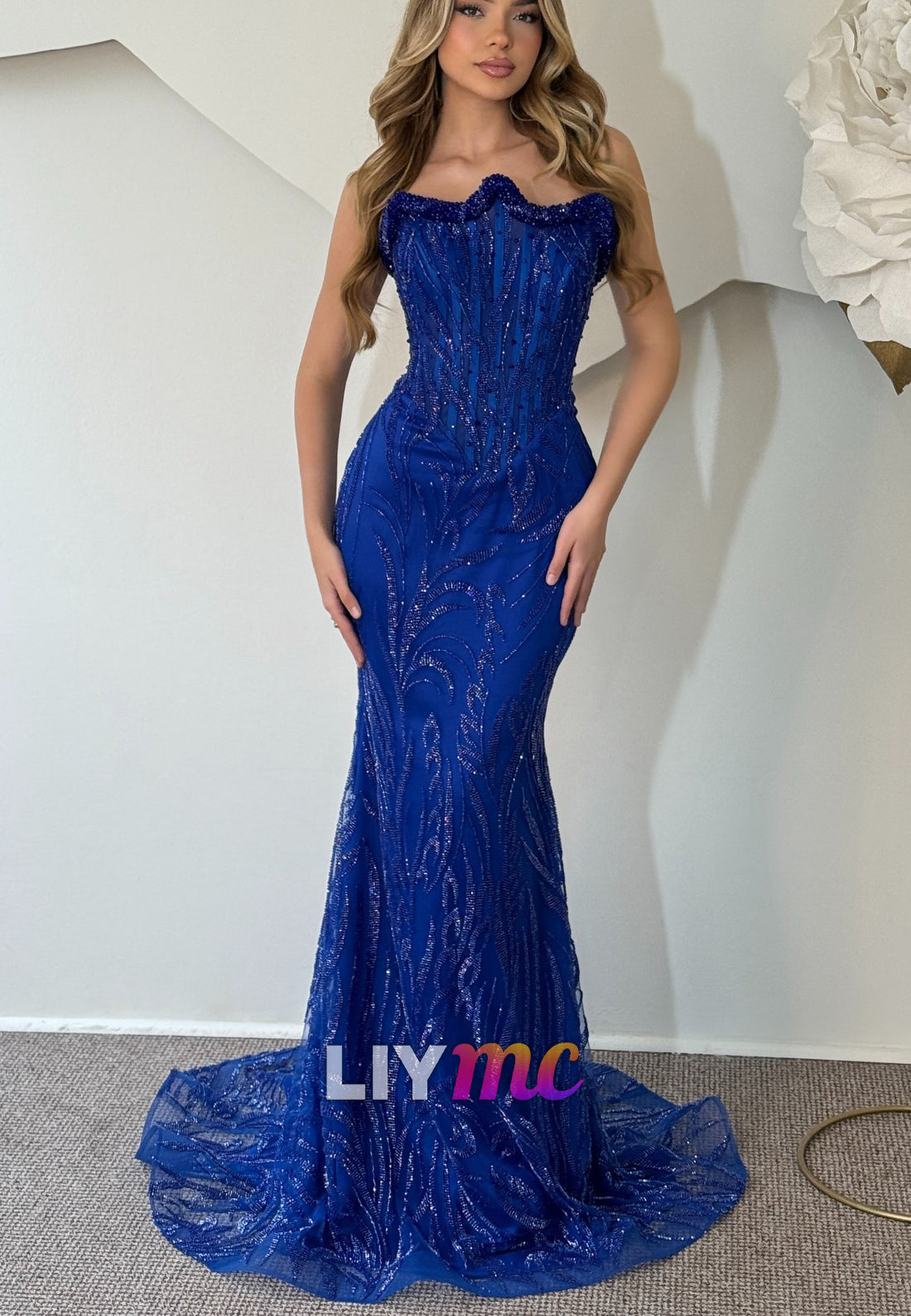 Strapless Beaded Embroidery Sparkly Mermaid Prom Dress