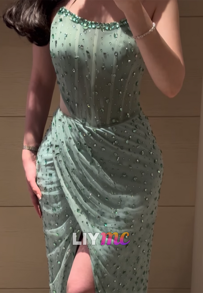 Strapless Beaded Embroidery Sparkly Sheath Prom Dress