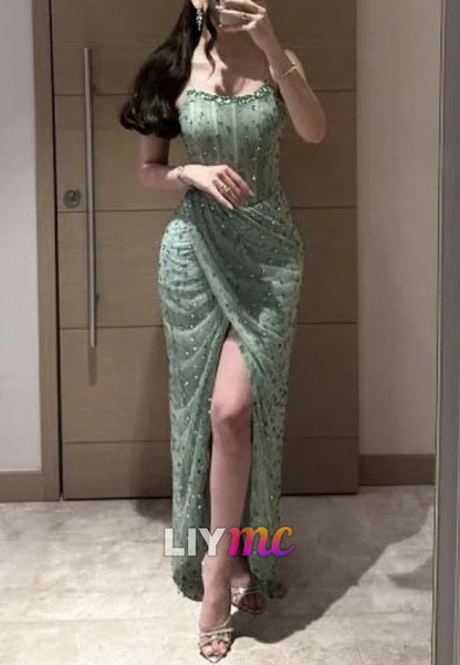 Strapless Beaded Embroidery Sparkly Sheath Prom Dress