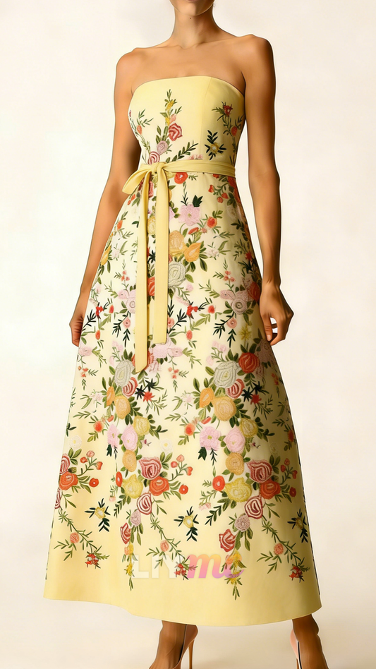 Strapless Belt Floral Printed A-Line Mother of Bride Dress