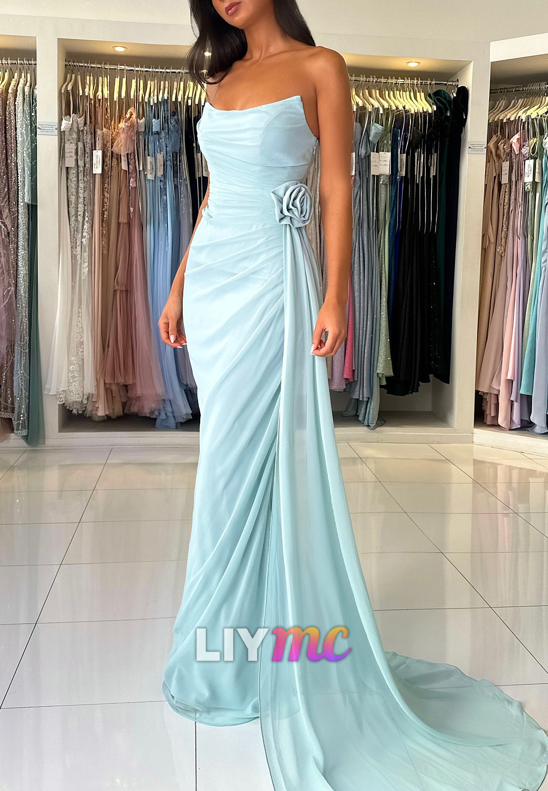 Strapless Chiffon Pleated Sheath Prom Dress