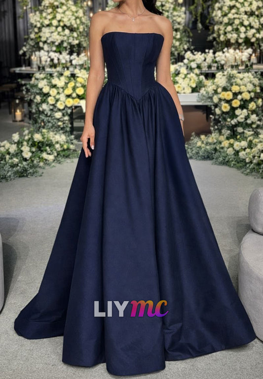 Strapless Corset Mikado Satin A-Line Navy Prom Dress