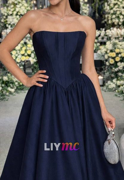 Strapless Corset Mikado Satin A-Line Navy Prom Dress
