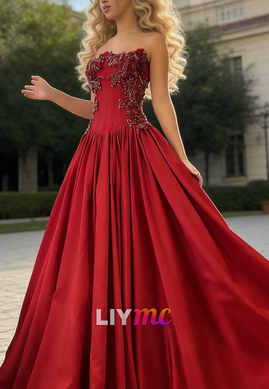 Strapless Evening Dress Corset Appliques Satin A-Line Prom Dress