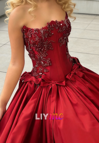 Strapless Evening Dress Corset Appliques Satin A-Line Prom Dress